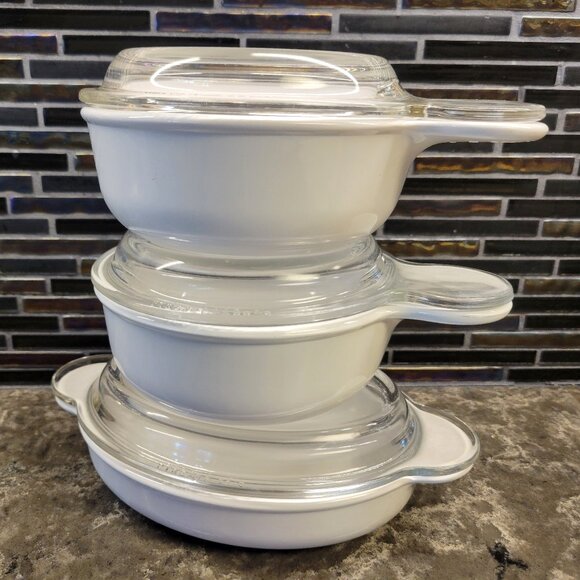 VINTAGE PYREX GRAB IT BOWLS CORNING WARE 1970s ROUND OVAL GLASS LIDS SET OF (3) - Picture 1 of 15